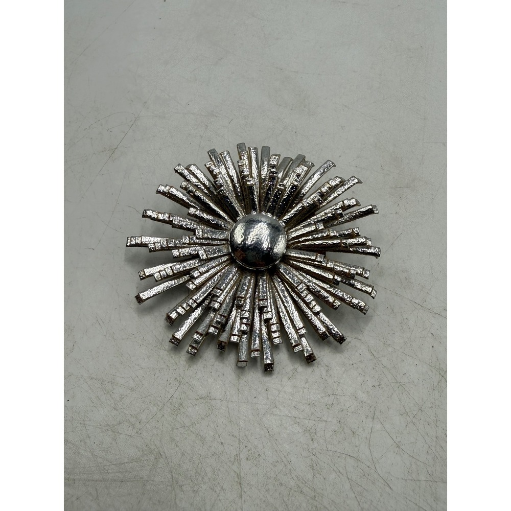 Vintage Silver Tone Sunburst Brooch Brutalist Starburst Textured Pin 2.5 Inch